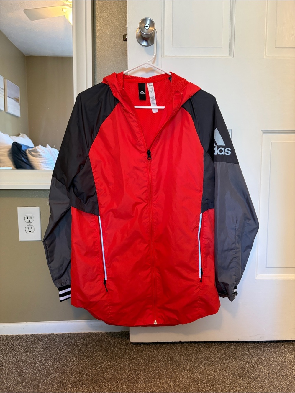 Adidas Men’s Red, Black & Gray Hooded Windbreaker Jacket